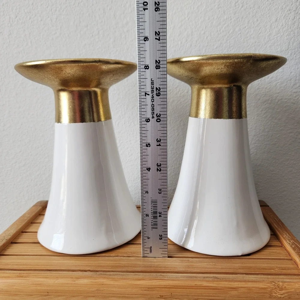 Christmas 2016 Hobby Lobby Gold White Pedestal Pillar‎ Candle Holders Set Of 2